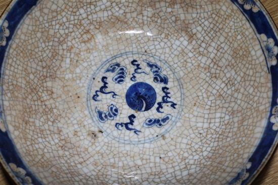 A Chinese blue and white dragon dish and a blue and white crackle glaze bowl, 19th century 37 & 26cm.